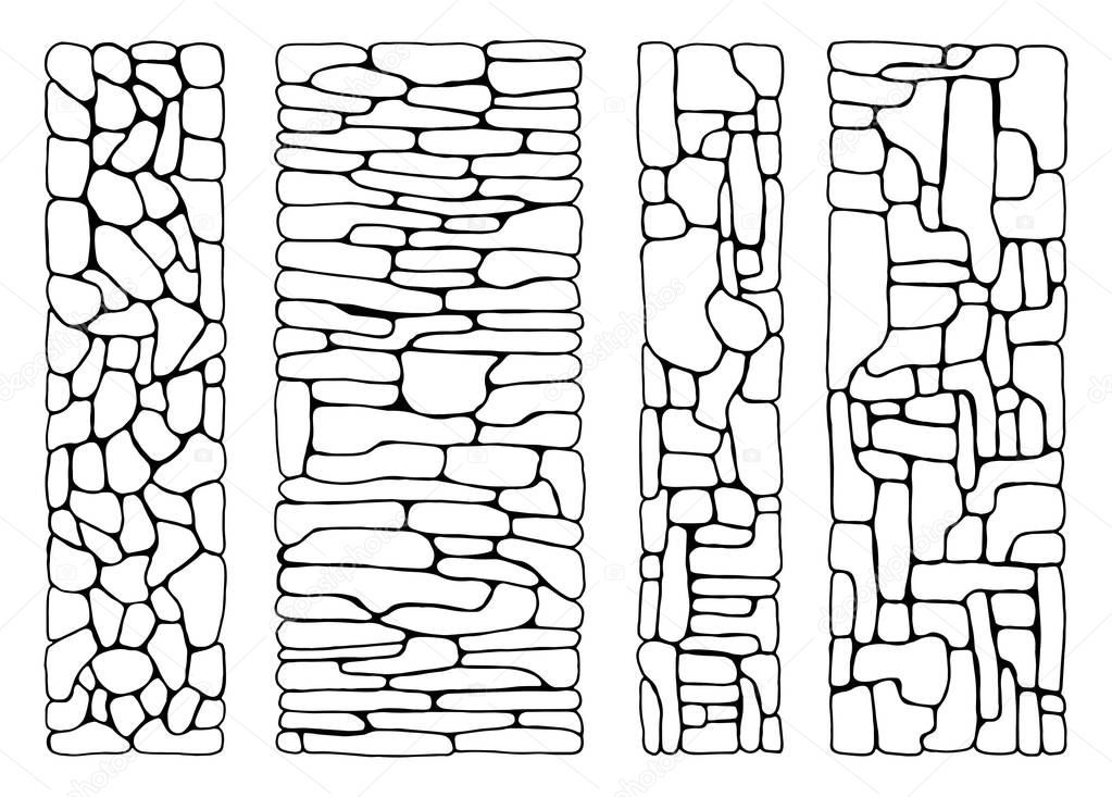 Texture of stones. wall from bricks set vector. paved flat stone surfaces. hand drawing insulated set.