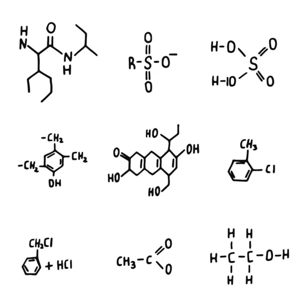 Chemische Formeln Komplexe Symbole Gesetzt Isolierte Objekte Silhouetten — Stockvektor