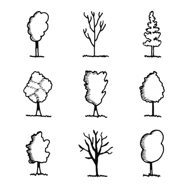 Bomen Pictogrammen Instellen Geïsoleerde Objecten Silhouetten — Stockvector