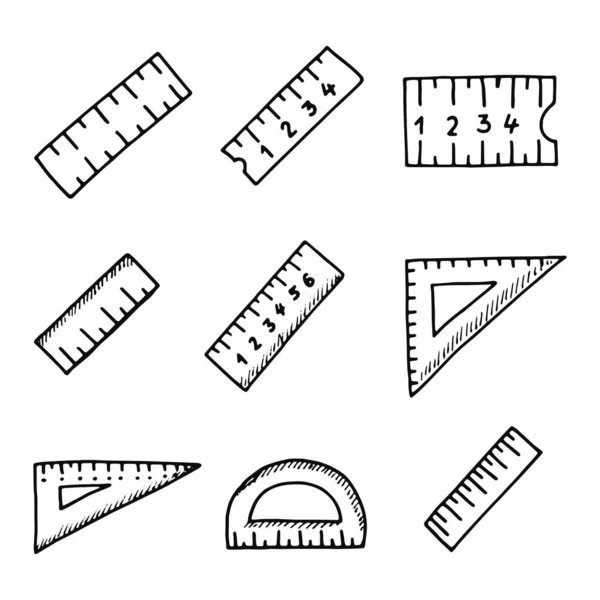 Linialen School Pictogrammen Geïsoleerde Set Zwart — Stockvector