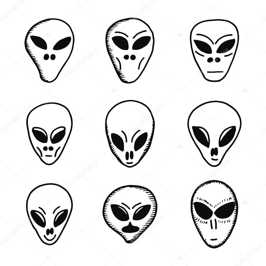 aliens head icons set. isolated objects silhouettes.