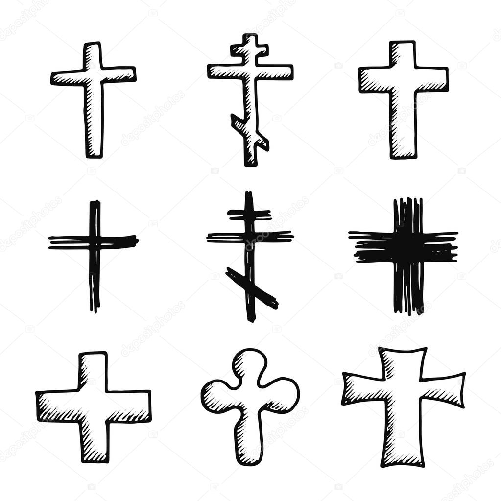 crosses church icons isolated black silhouettes set.