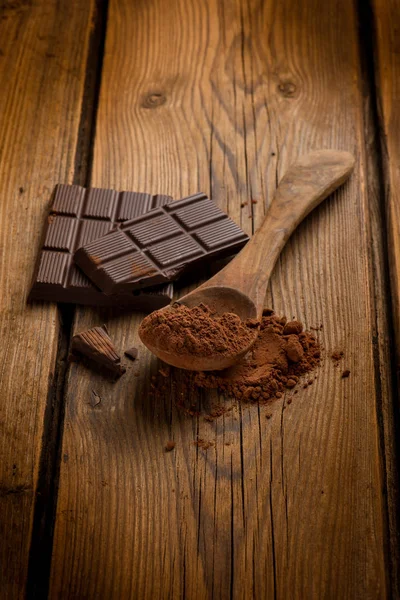 Крупним Планом Вид Какао Порошку Дерев Яній Ложці Шоколаді — стокове фото