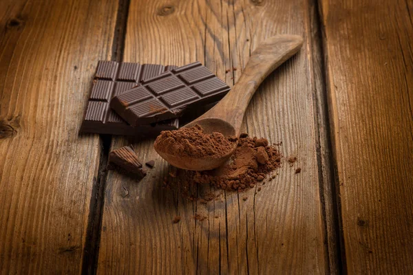 Vista Close Cacau Colher Madeira Chocolate — Fotografia de Stock