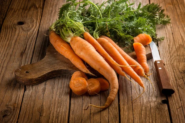 Close View Fresh Carrots Rustic Wood Background — Stock Photo, Image