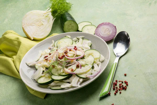 Nahaufnahme Von Fenchelsalat Mit Gurkenzwiebeln Und Rosa Pfeffer — Stockfoto