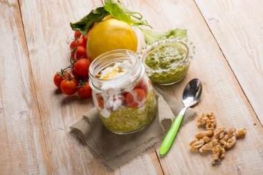 pesto tomatotes yoğurt sos ve rendelenmiş limon kabuğu ile yazıldığından