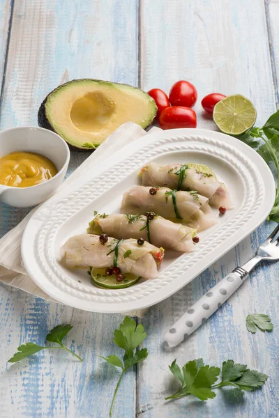 Swordfish Rolled Stuffed Avocado Mustard — Stock Photo, Image