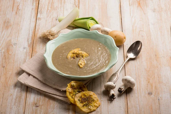 Mushroom soup with cheese chips — Stock Image Mushroom Soup Cheese Chips Stock Picture