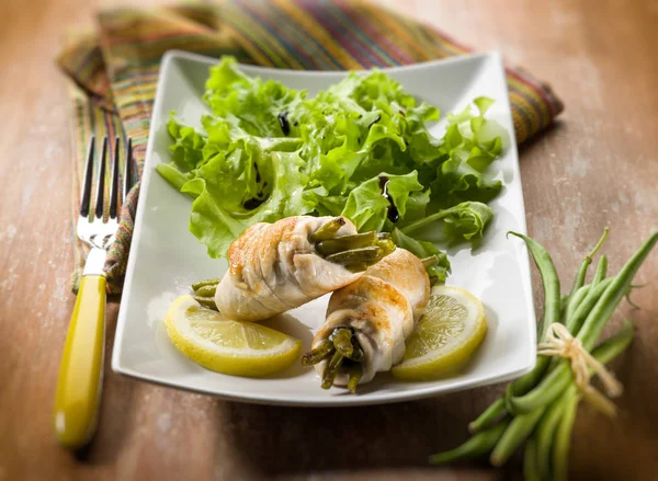 Stuffed Roll Chicken Green Beans Selective Focus — Stock Photo, Image