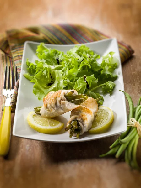 Stuffed Roll Chicken Green Beans Selective Focus — Stock Photo, Image