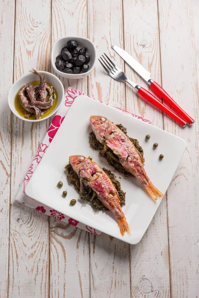 Red Mullet Sauteed Endive Capers Black Olives — Stock Photo, Image