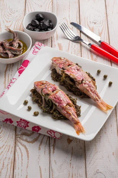 Red Mullet Sauteed Endive Capers Black Olives — Stock Photo, Image
