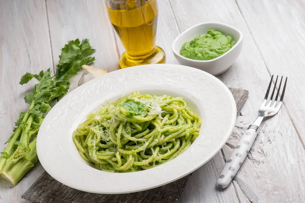 Spaghetti Turnip Top Pesto Parmesan Cheese — Stock Photo, Image