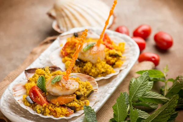 Saffron Couscous Scallop Eggplant Tomatoes — Stock Photo, Image