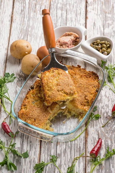 Potato Cake Tuna Capers Hot Chili Pepper — Stock Photo, Image