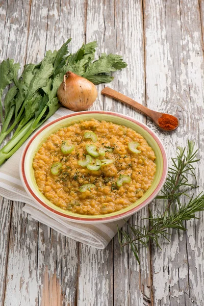 Lentils with celery onion and paprika spice — Stock Photo, Image