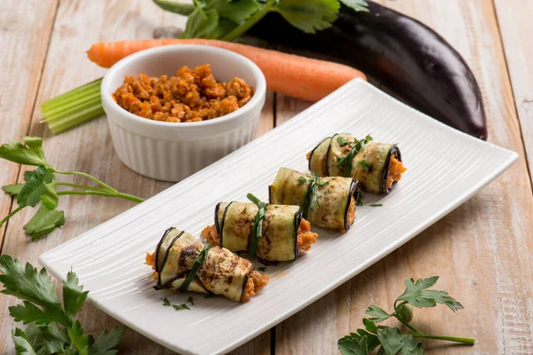 Eggplant Rolled Ragout Sauce Filled — Stock Photo, Image