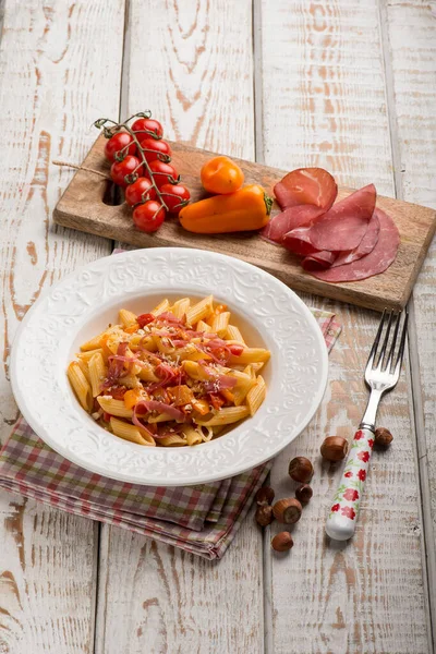Pasta Capsicum Tomatoes Bresaola — Stock Photo, Image