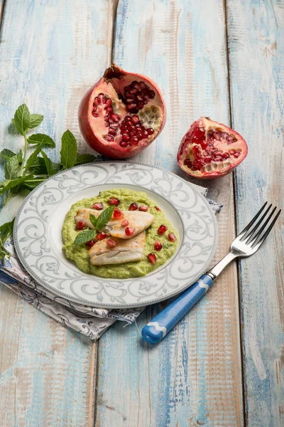 Fillet Fish Green Peas Cream Pomegranate — Stock Photo, Image