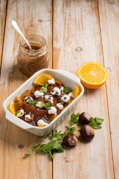 Crepes Chestnuts Marmalade Whipped Cream Cocoa — Stock Photo, Image