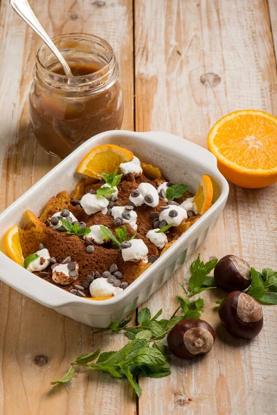 Crepes Chestnuts Marmalade Whipped Cream Cocoa — Stock Photo, Image