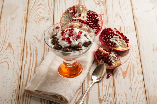 Dessert Cup Pomegranate Chocolate Chantilly Cream — Stock Photo, Image