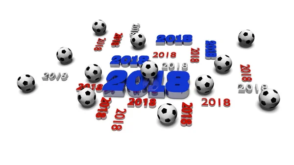 2018 といくつかのサッカー ボールの斜視青赤と白の背景に白デザイン — ストック写真