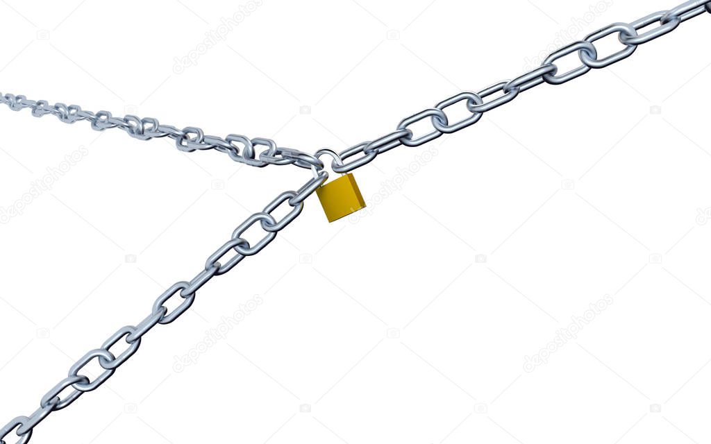 Large Diagonal View of Three Long Metallic Chains with Big Links Locked with a Padlock