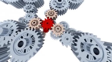 Şu sol kamera yavaş hareket birçok büyük gümüş kırmızı ve bakır vites beyaz bir arka plan ile