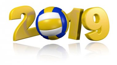 Beyaz arka plan üzerinde sonsuz dönüş tasarımında Beach Voleybol 2019