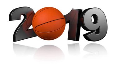 Beyaz arka plan üzerinde sonsuz dönüş tasarımında basketbol 2019
