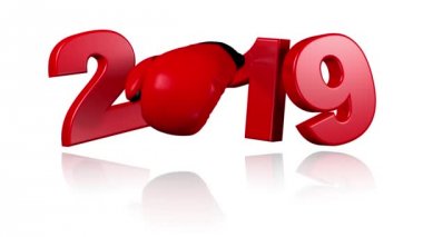 Beyaz arka plan üzerinde sonsuz dönüş tasarımında boks eldiveni 2019