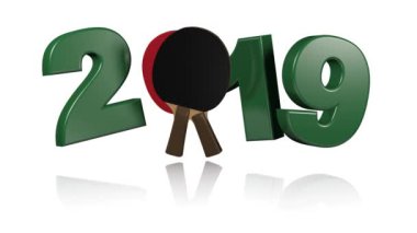 Beyaz arka plan üzerinde sonsuz rotasyon raketleri ile masa tenisi 2019 tasarım