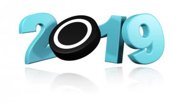 Buz hokeyi Puck 2019 Popup tasarım beyaz arka plan üzerinde sonsuz dönüşümlü olarak