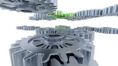 Doğrusal binmek arasında gri dişliler ve küçük yeşil vites beyaz bir arka plan üzerinde