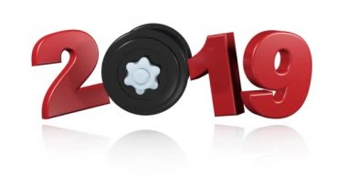 Beyaz arka plan üzerinde hareket yukarı ve aşağı el Dumbbell 2019 Popup tasarımında