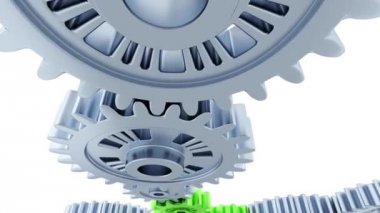 Doğrusal sürüş altında gümüş ve beyaz zemin üzerine yeşil büyük dişliler