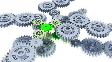 Sonsuz dönüşümlü olarak gümüş Gears ile bazı küçük yeşil vites beyaz bir arka plan üzerinde
