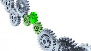 Beyaz bir arka plan üzerinde üç yeşil dişli ile dönüşümlü olarak bazı gri Gears etkisi zoom