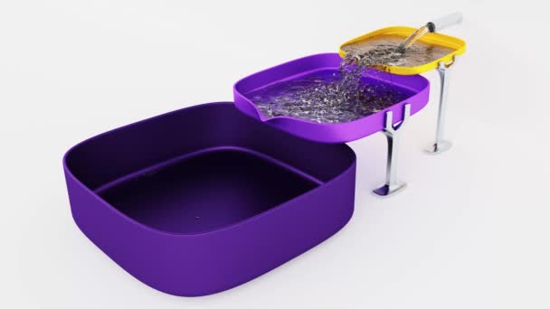 Три Квадратные Фиолетовые Желтые Цистерны Заполняющие Воду Белым Фоном — стоковое видео