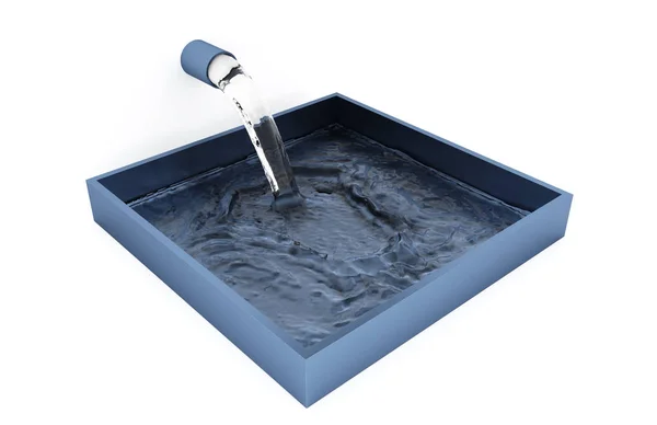 Water Filling Grey Blue Square Bowl White Background — Stock Photo, Image