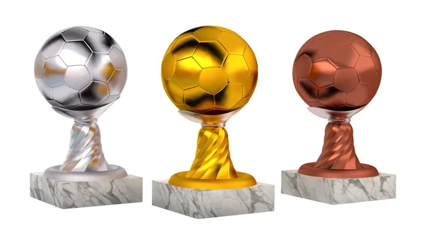 Fußball Gold Und Bronze Trophäen Mit Marmorsockel Auf Weißem Hintergrund — Stockfoto