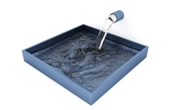 Water Filling Small Splash Grey Blue Square Bowl White Background — Stock Photo, Image