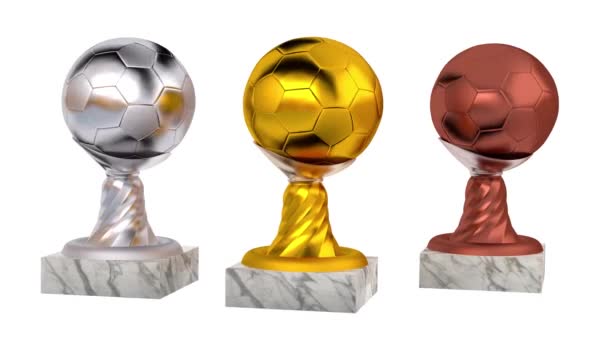Gold Silver Bronze Football Trophies Marble Base Infinite Rotation White — Stock Video