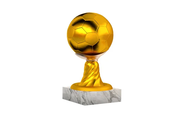 Zlatá Trofej Fotbal Mramorovou Základnou Bílém Pozadí — Stock fotografie