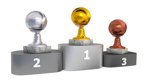 Football Gold Silver Bronze Trophies Marble Base Podium White Background — Stock Photo, Image