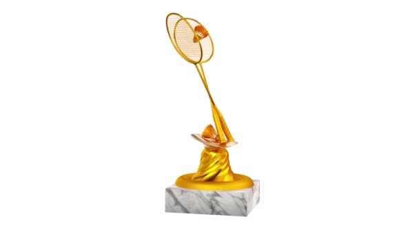 Badminton Gold Trophy Shuttlecocks Infinite Rotation White Background — Stock Video