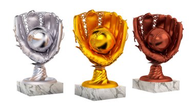 Beyzbol altın gümüş ve bronz kupa ile eldiven ve beyaz bir arka plan üzerinde topu