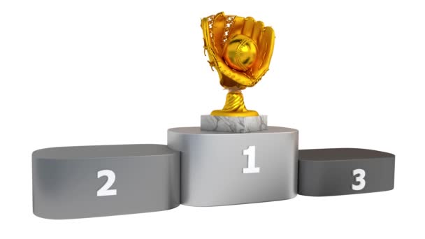 Baseball Gold Silver Bronze Trophies Glove Ball Appear Podium White — Stock Video
